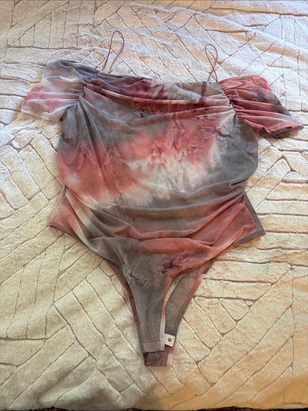 Fashion Nova Pink and Gray Tie-Dye Off-Shoulder Bodysuit
